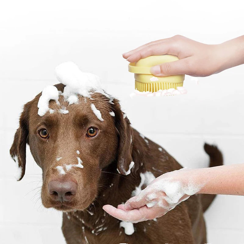grooming a dog with soap and a yellow brush.